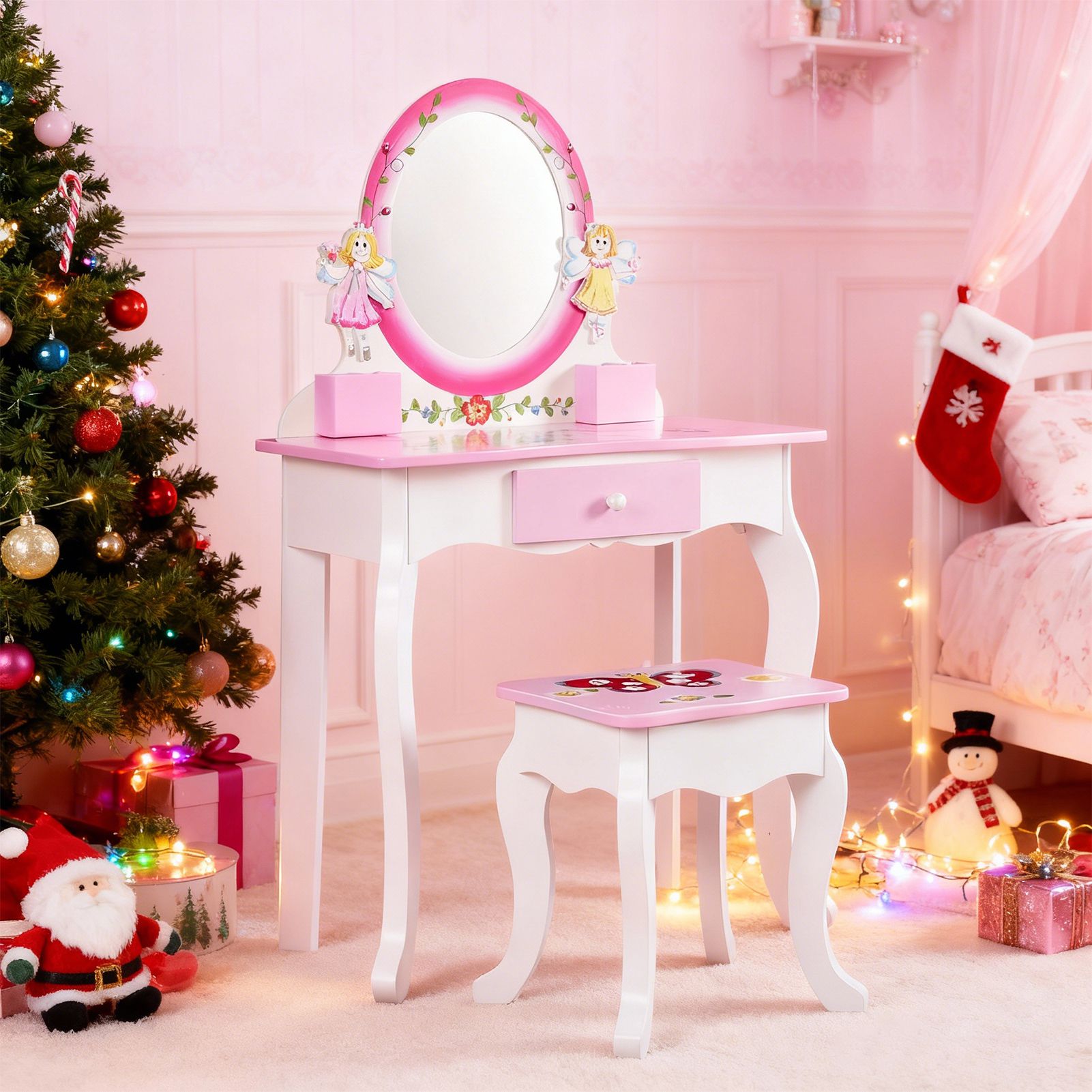 Kids Vanity Set Floral Printed - Beauty Makeup Desk 评论和价格