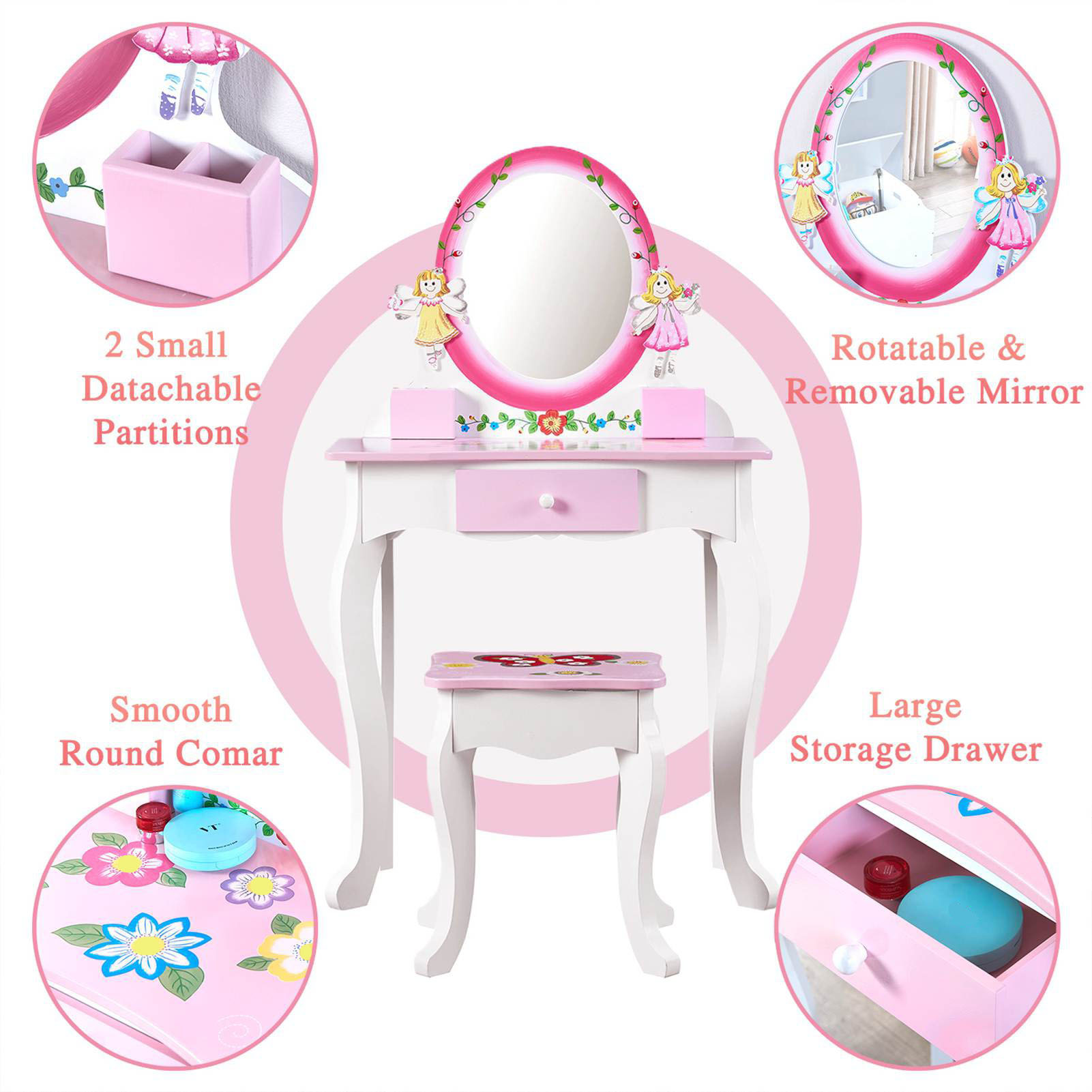 Kids Vanity Set Floral Printed - Beauty Makeup Desk 评论和价格